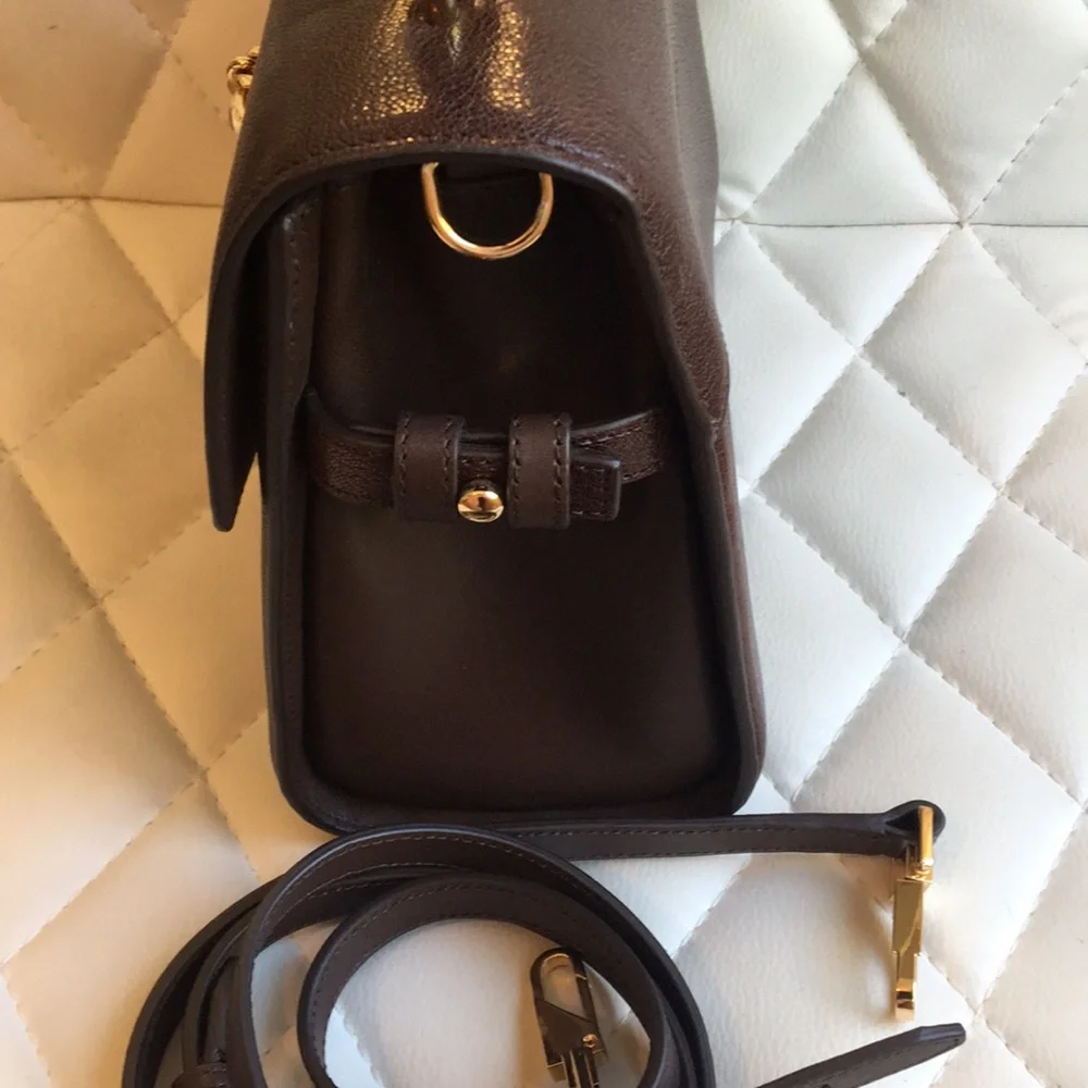 Elegant Dark Brown Top-Handle Satchel with Gold Chain Accent